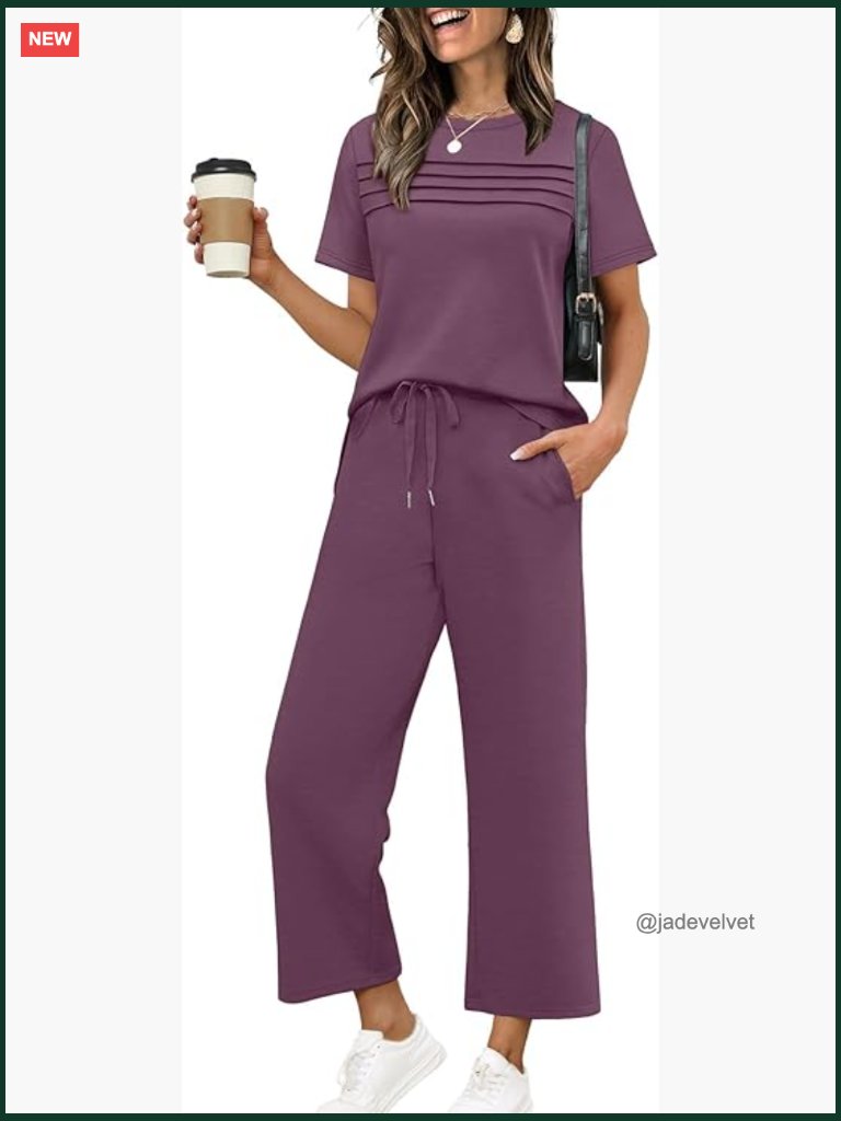 Two Piece Lounge Set Short Sleeve Wide Leg Pants Side Slit Outfits S-Xl